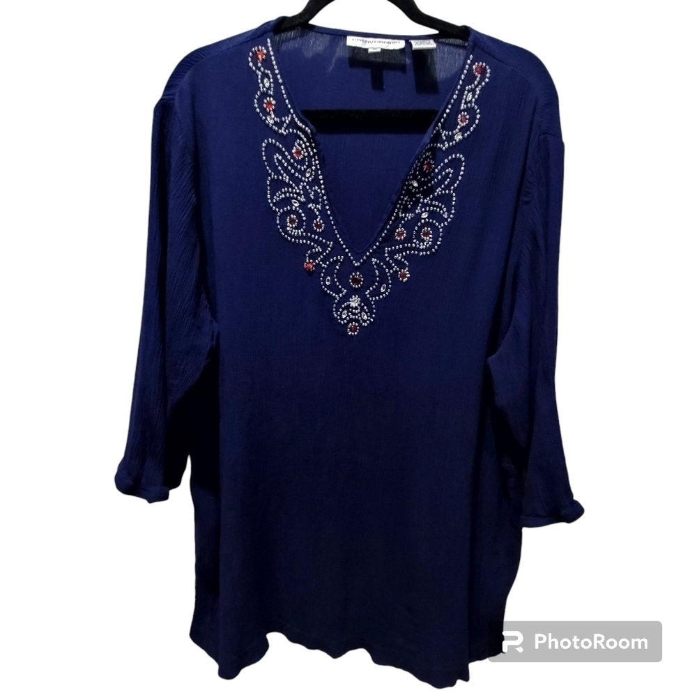 Cathy Daniels 1X 100% Viscose Beaded V Neck Ribbed Blouse Boho Embellished